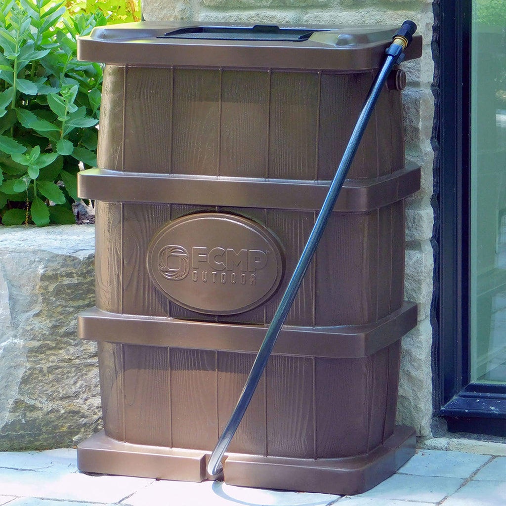 Outdoor slim line design rain barrel 45 gallon brown space saving water collection durable