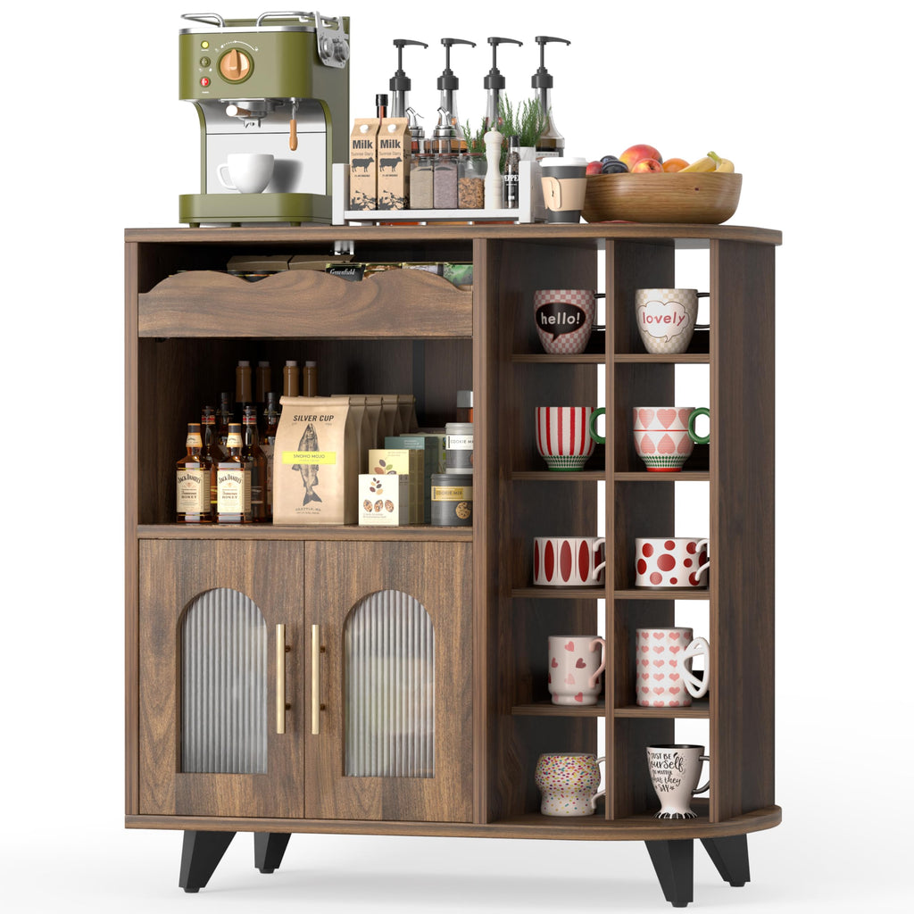 Coffee bar cabinet with 24 cup display large drawer storage modern wooden buffet sideboard kitchen walnut