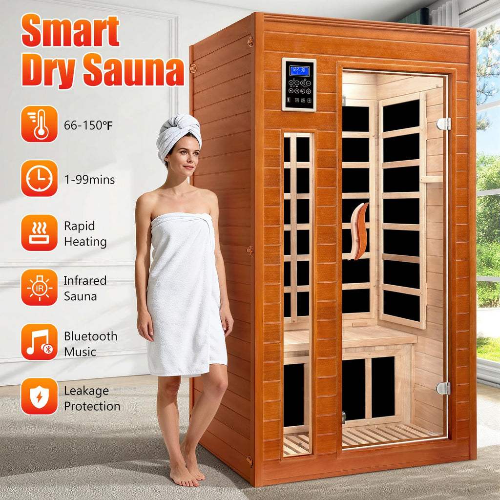 1 to 2 Person Infrared Dry Heat Sauna with Red Light Therapy Bluetooth 7 Color Light 40 x 36 x 73 in Brown