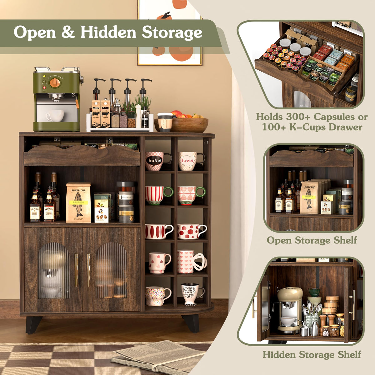 Coffee bar cabinet with 24 cup display large drawer storage modern wooden buffet sideboard kitchen walnut