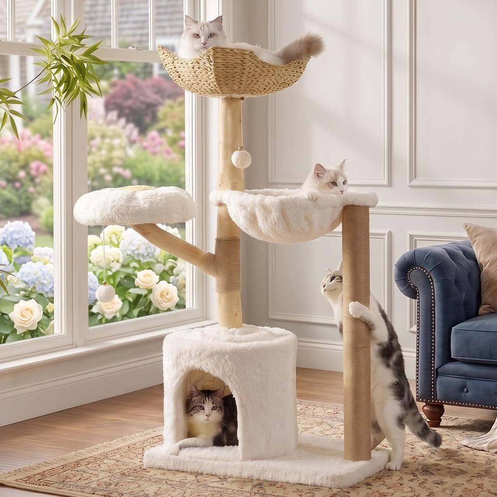Modern Cat Tree with Hammock 48.5 Inches Cat Tower Real Wood Scratching Post Rattan Basket Perch Condo Beige