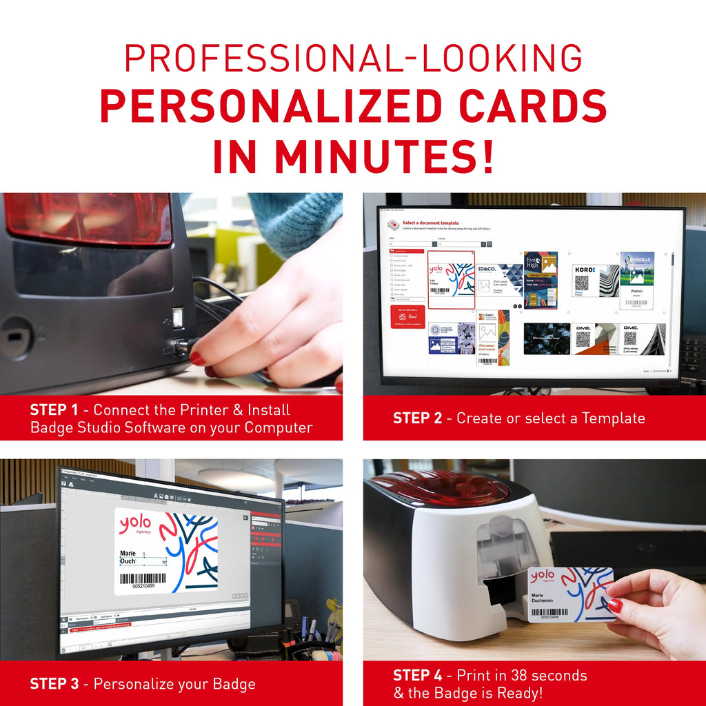 Badgy200 Plastic Card Printer with Badge Studio Plus ID Design Software Full Color Custom Tamper Proof Badges