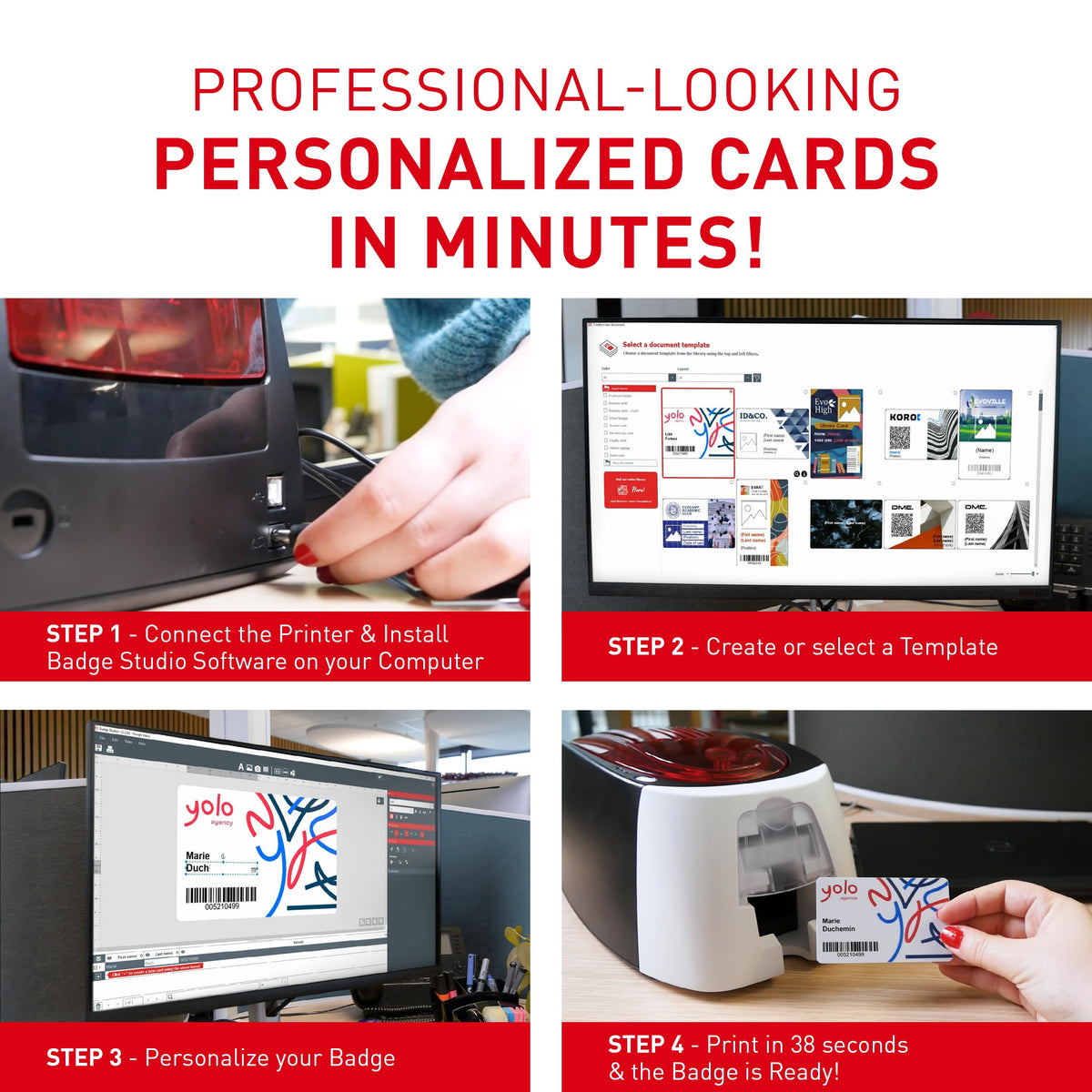 Badgy200 Plastic Card Printer with Badge Studio Plus ID Design Software Full Color Custom Tamper Proof Badges