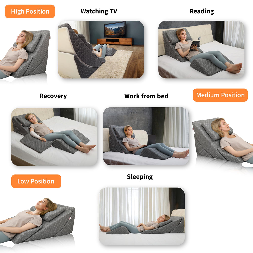 Adjustable Orthopedic Bed Wedge Pillow Set Memory Foam Back Knee Leg Pain Relief Gray Post Surgery Recovery