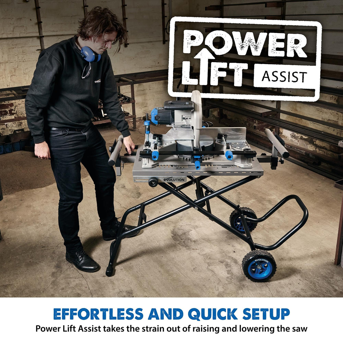 MCSSTAND Mitering Chop Saw Stand Power Lift Heavy Duty Steel Frame All Terrain Wheels Gas Strut for S14MCS