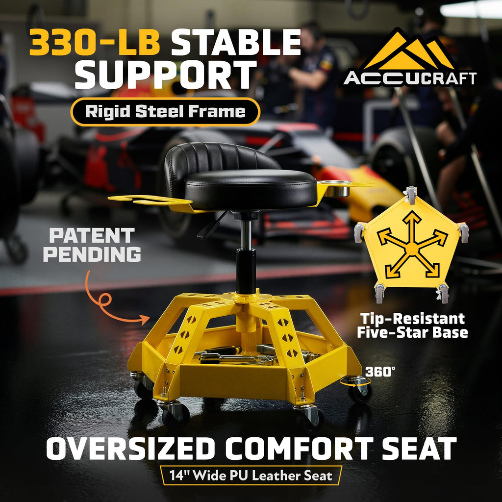 Rolling Shop Stool with Wheels Backrest Tool Tray 5 Wheel Anti Tip 22 to 26 Adjustable Height 330 lb Capacity