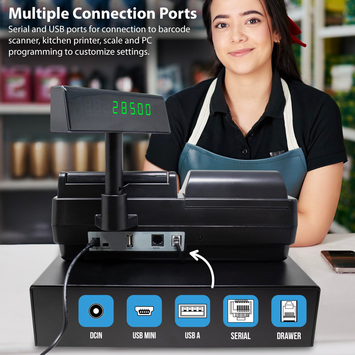 CR260 Cash Register with Steel Drawer Fast Printing User Friendly Interface Compact Black Design