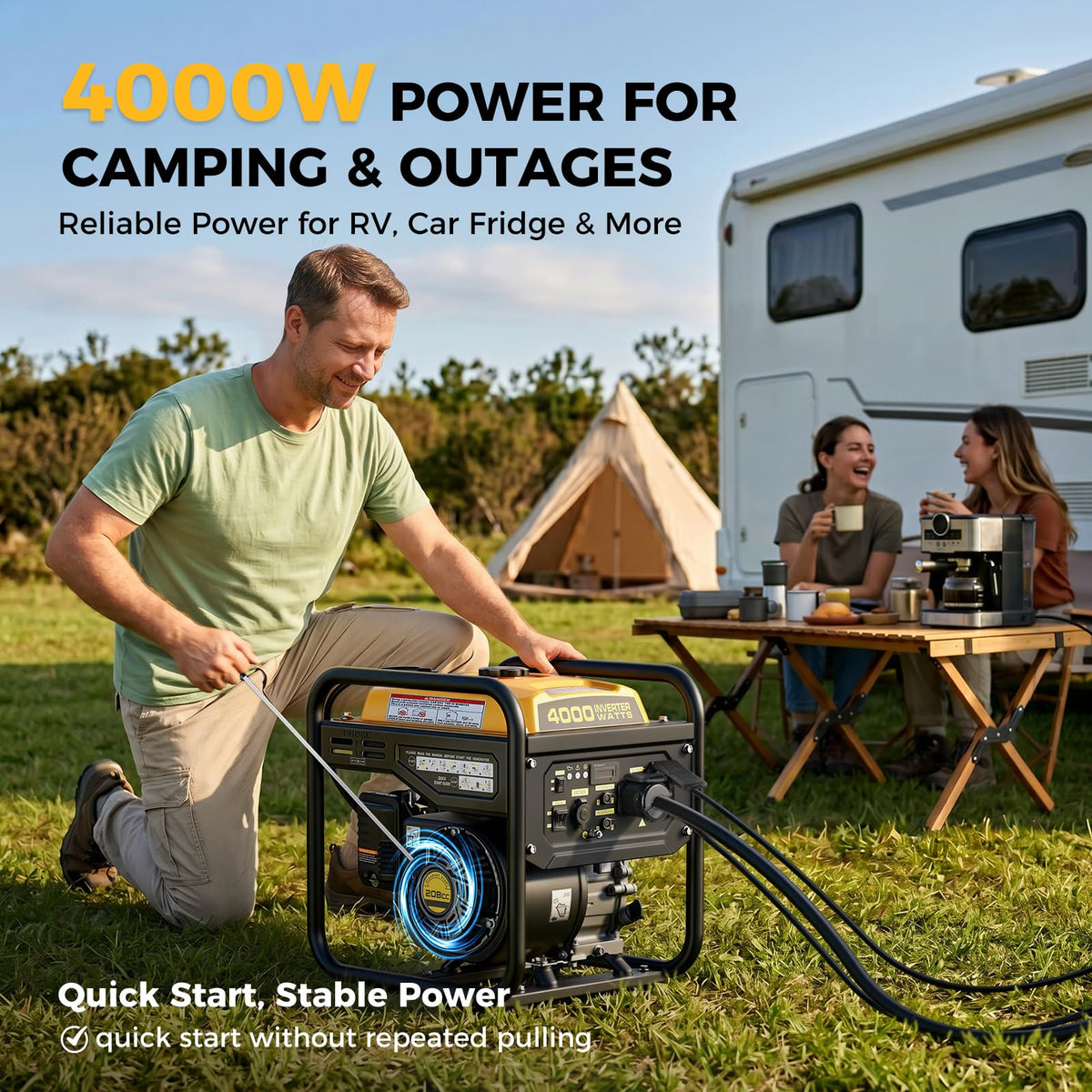 4000W Gas Powered Inverter Generator with 208cc Engine Portable Camping Power Supply for Outdoor Use
