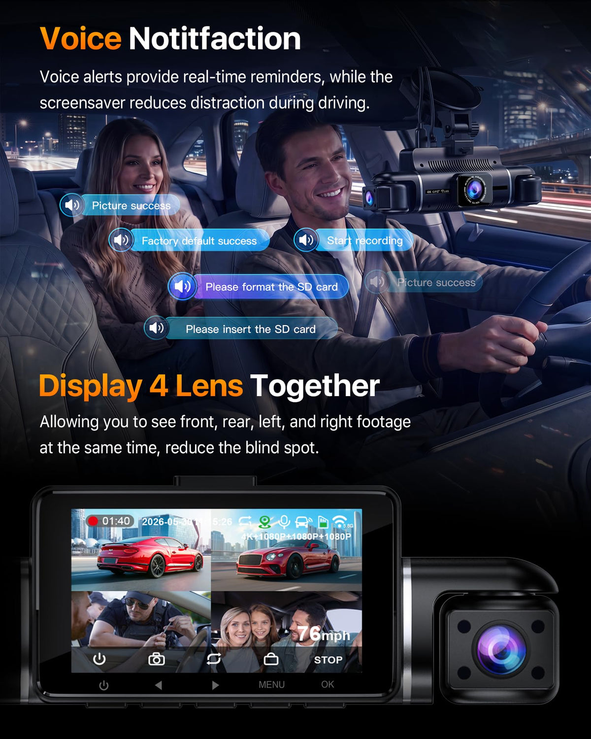 4K Dash Cam Front and Rear Left Right with GPS 20MB per Second WiFi 6 Car Camera Video Recorder