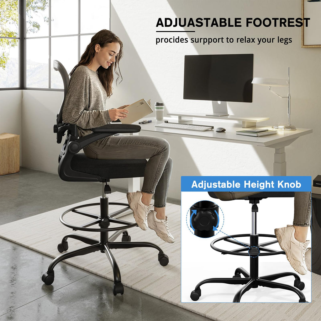 Standing Desk Drafting Chair with Footrest Ergonomic Mesh Lumbar Support Flip up Armrest Rolling Black