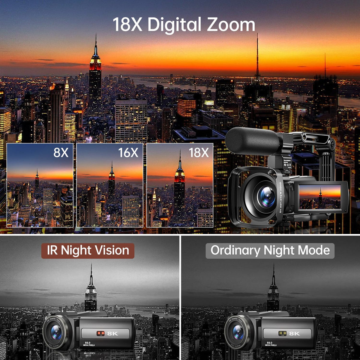8K Video Camera 88MP WiFi Vlogging for YouTube 18X Zoom IR Night Vision 3.0 Touch Screen Mic Stabilizer Remote