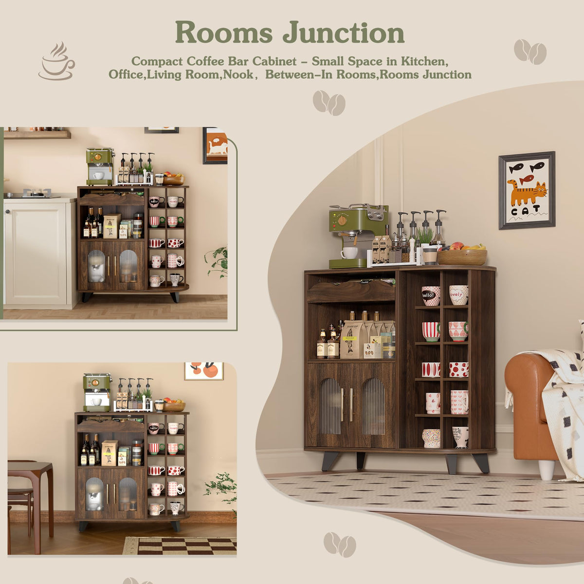 Coffee bar cabinet with 24 cup display large drawer storage modern wooden buffet sideboard kitchen walnut
