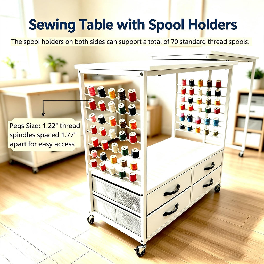 Folding sewing table with storage 46.5 inch 70 pegs and 4 drawers craft organizer for sewing room