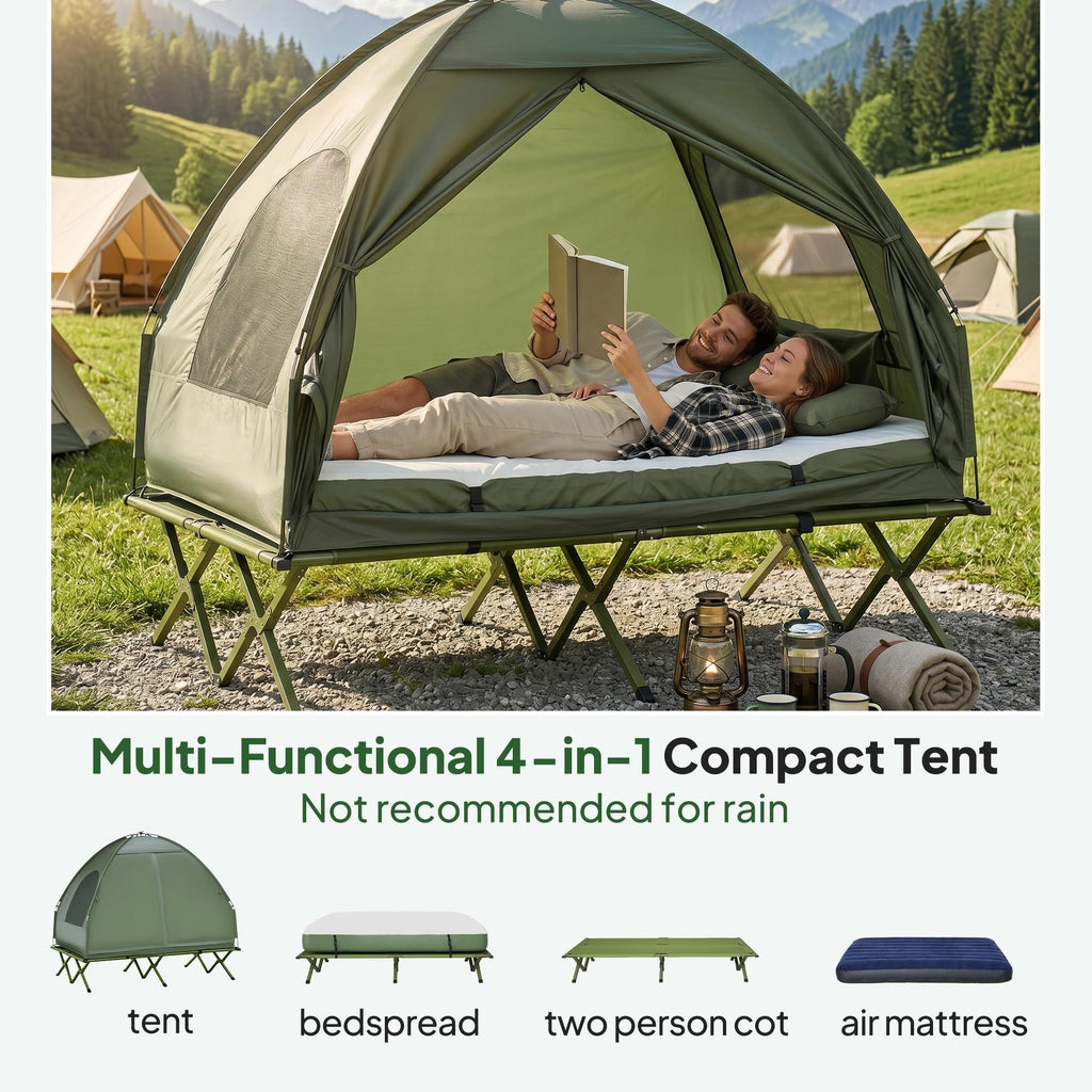 2 Person Cot Tent 4 in 1 Elevated Bed Combo with Air Mattress Portable Camping Outdoor Sleeping Solution