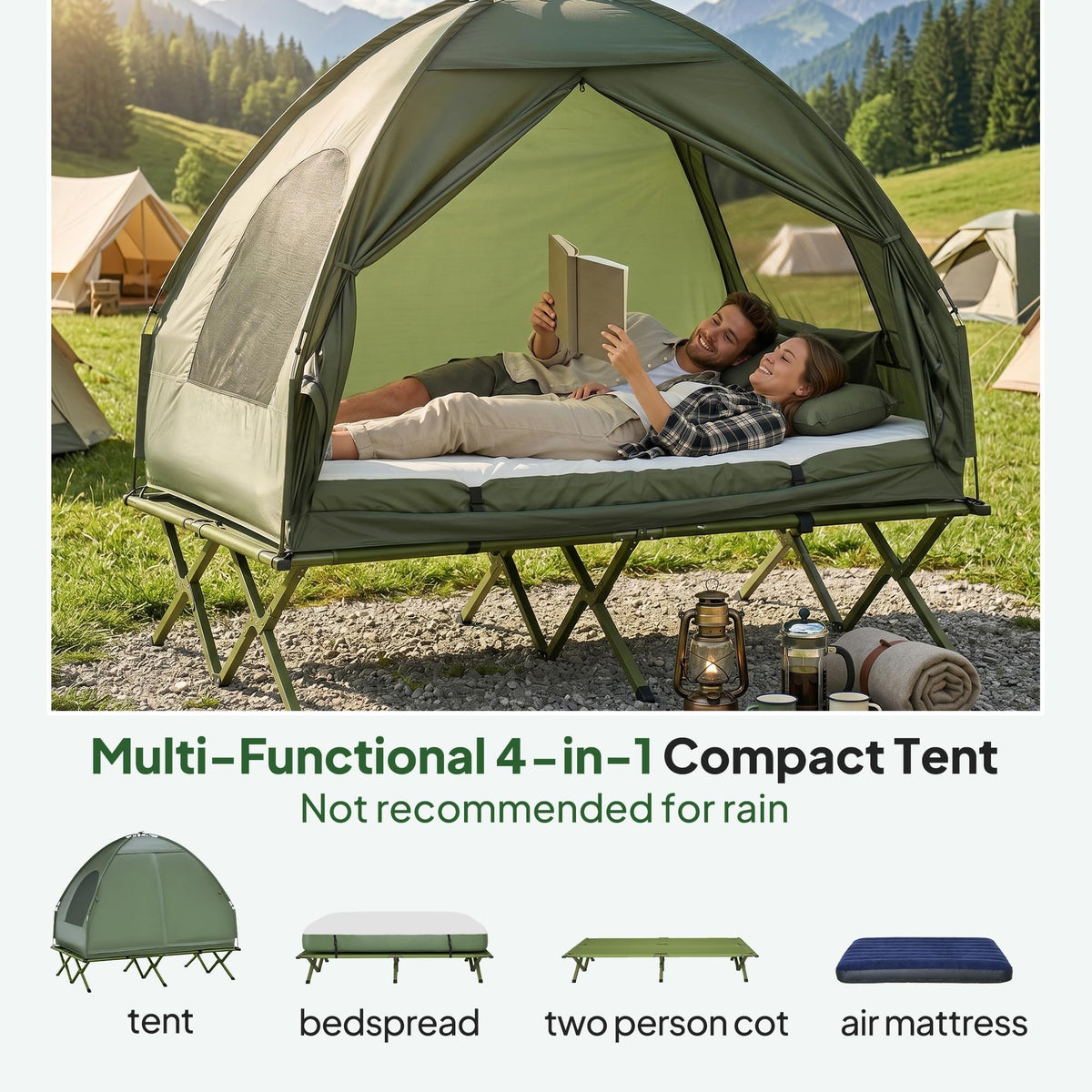 2 Person Cot Tent 4 in 1 Elevated Bed Combo with Air Mattress Portable Camping Outdoor Sleeping Solution