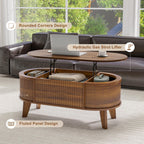 43.3 Inch Fluted Oval Lift Top Coffee Table with Storage, Walnut Finish