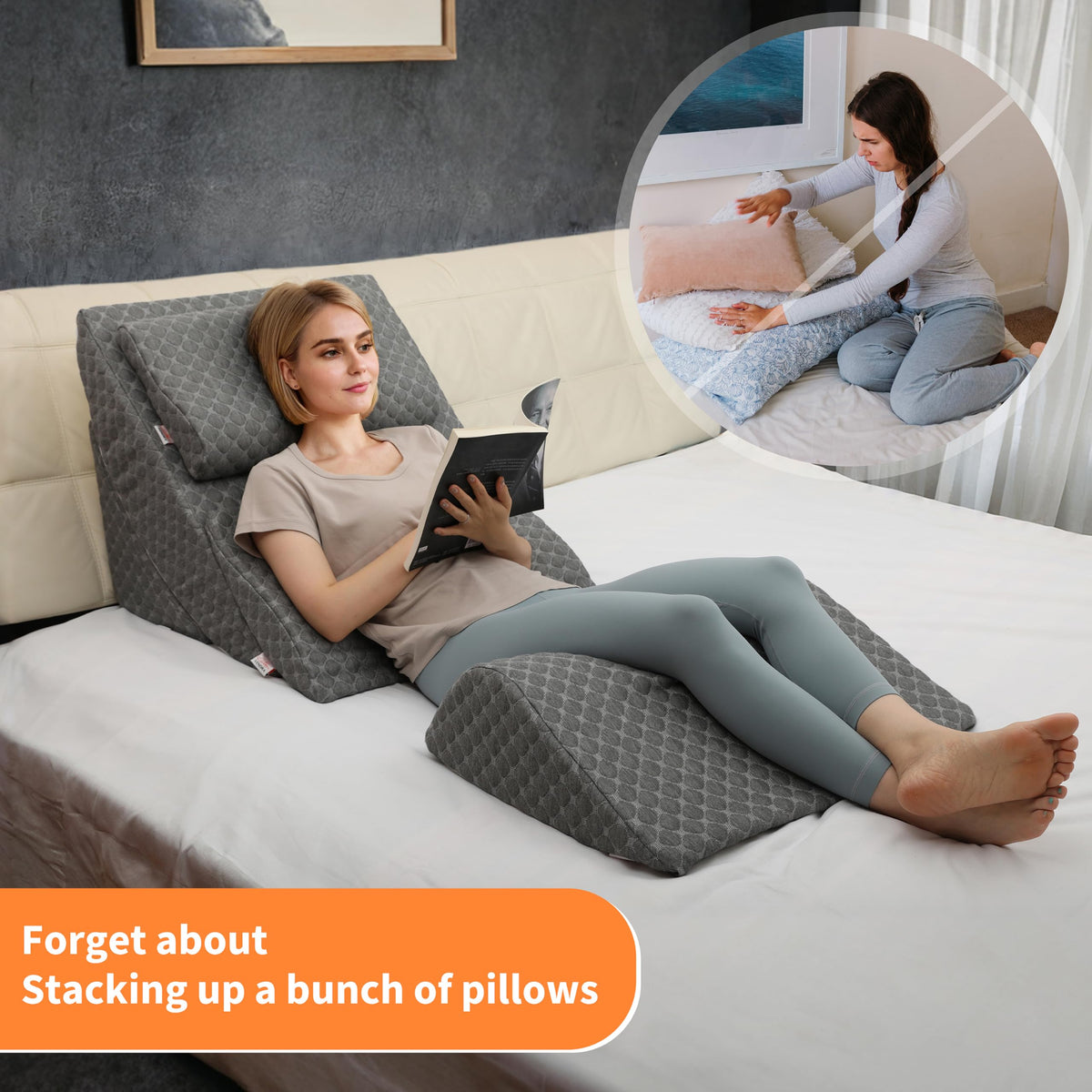 Adjustable Orthopedic Bed Wedge Pillow Set Memory Foam Back Knee Leg Pain Relief Gray Post Surgery Recovery