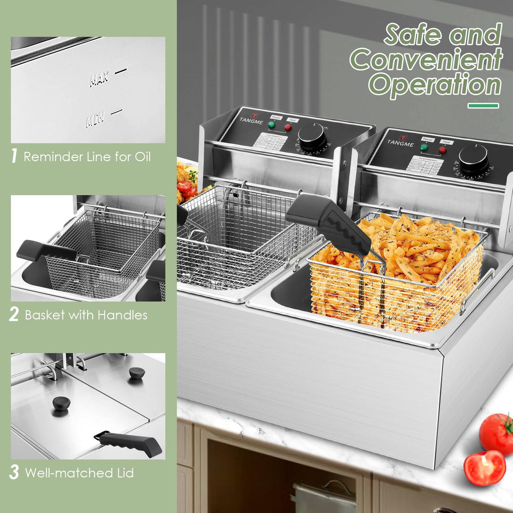 Commercial Deep Fryer 3400W Electric Fryer with 2x6.35QT Baskets Dual Basket for Restaurant Kitchen Use