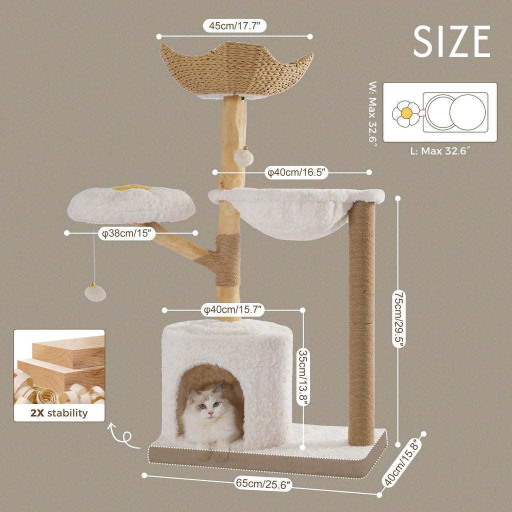 Modern Cat Tree with Hammock 48.5 Inches Cat Tower Real Wood Scratching Post Rattan Basket Perch Condo Beige