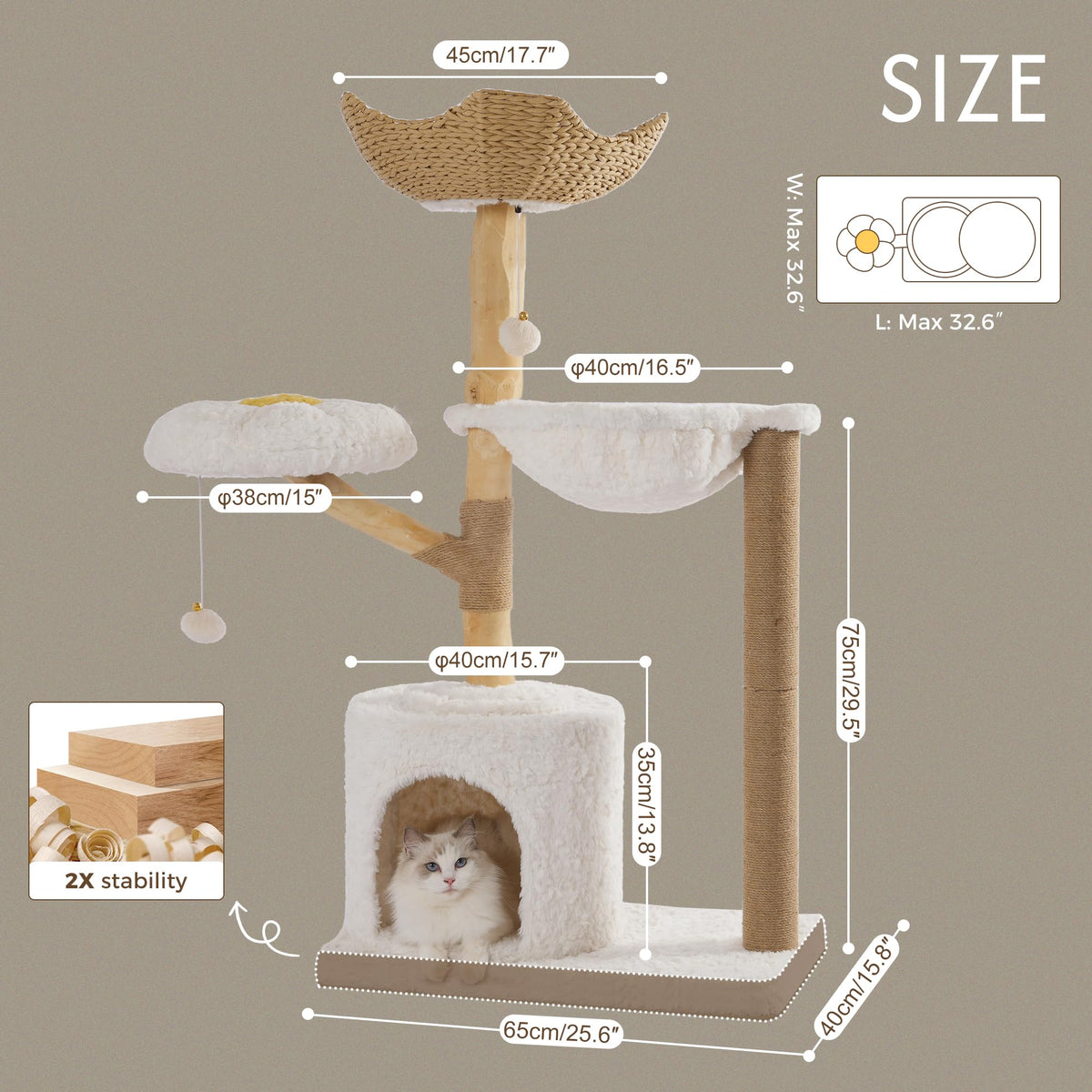 Modern Cat Tree with Hammock 48.5 Inches Cat Tower Real Wood Scratching Post Rattan Basket Perch Condo Beige