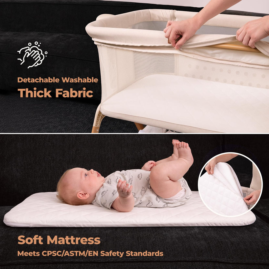 Bedside bassinet 3 in 1 rocking full mesh crib with mattress 6 height adjustable lockable wheels