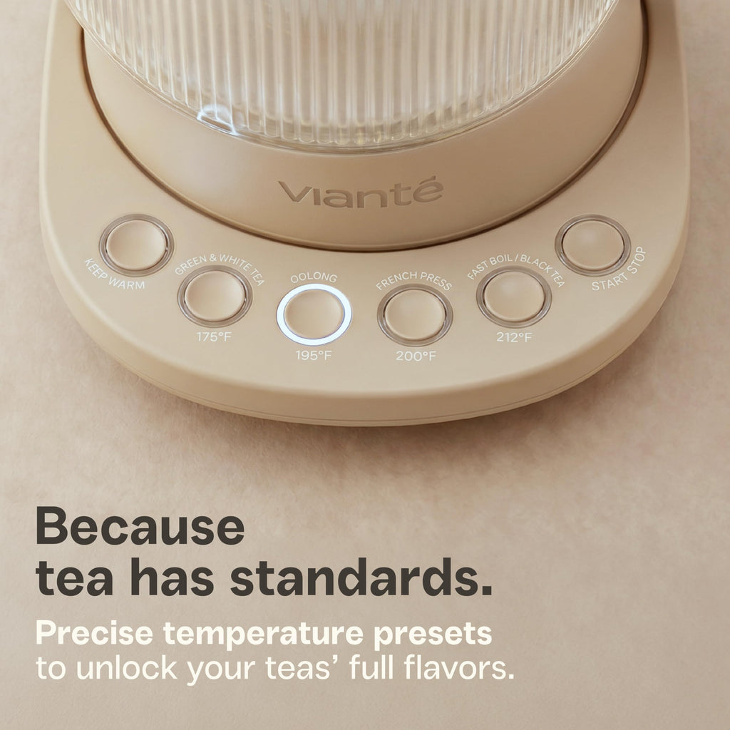 Nina electric tea kettle infuser 1.5L borosilicate glass 304 steel 4 temp presets no plastic contact beige
