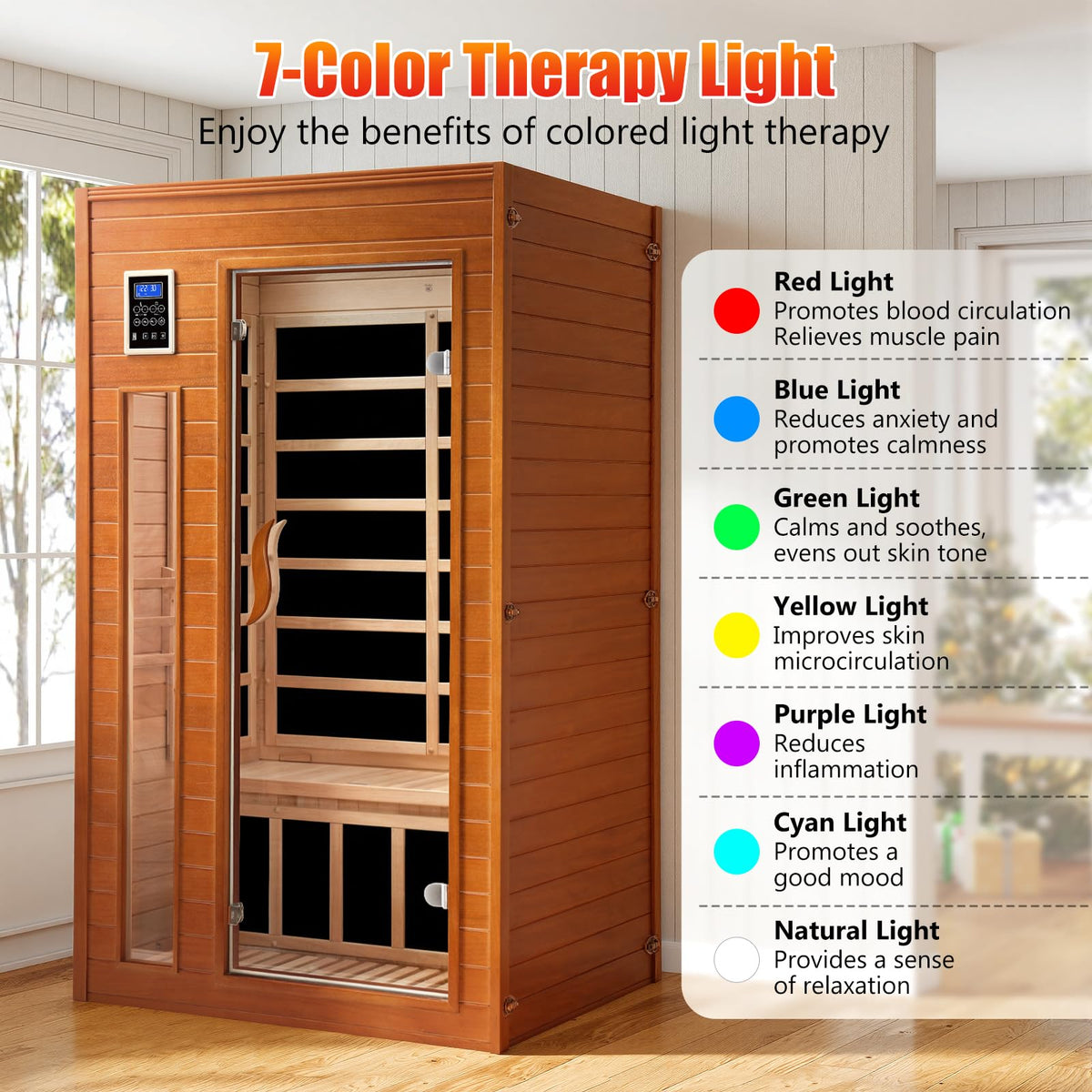 1 to 2 Person Infrared Dry Heat Sauna with Red Light Therapy Bluetooth 7 Color Light 40 x 36 x 73 in Brown