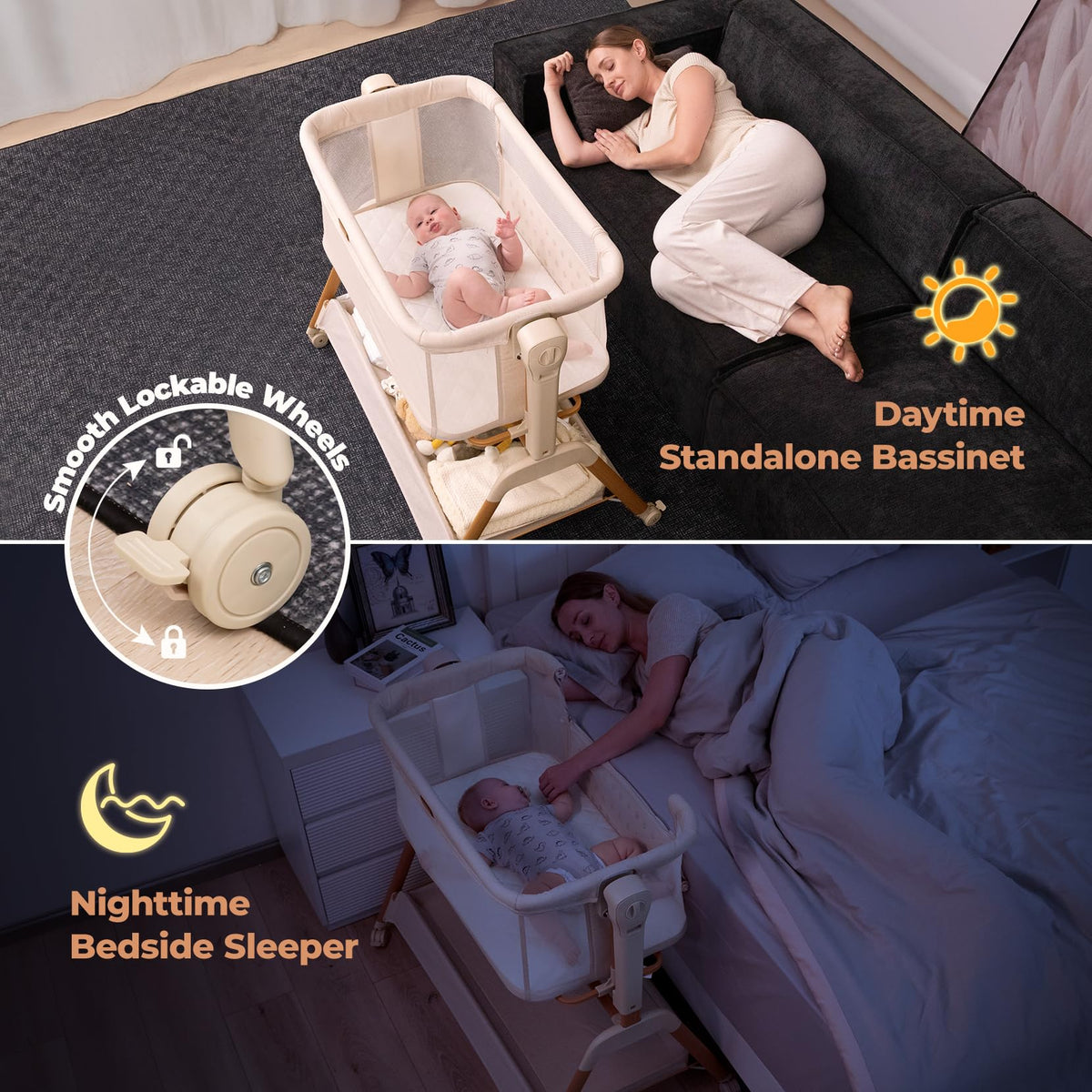 Bedside bassinet 3 in 1 rocking full mesh crib with mattress 6 height adjustable lockable wheels