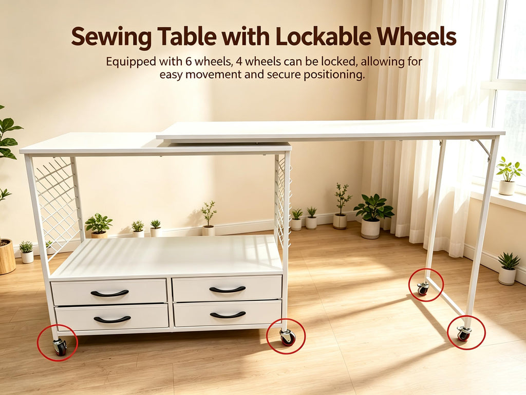 Folding sewing table with storage 46.5 inch 70 pegs and 4 drawers craft organizer for sewing room