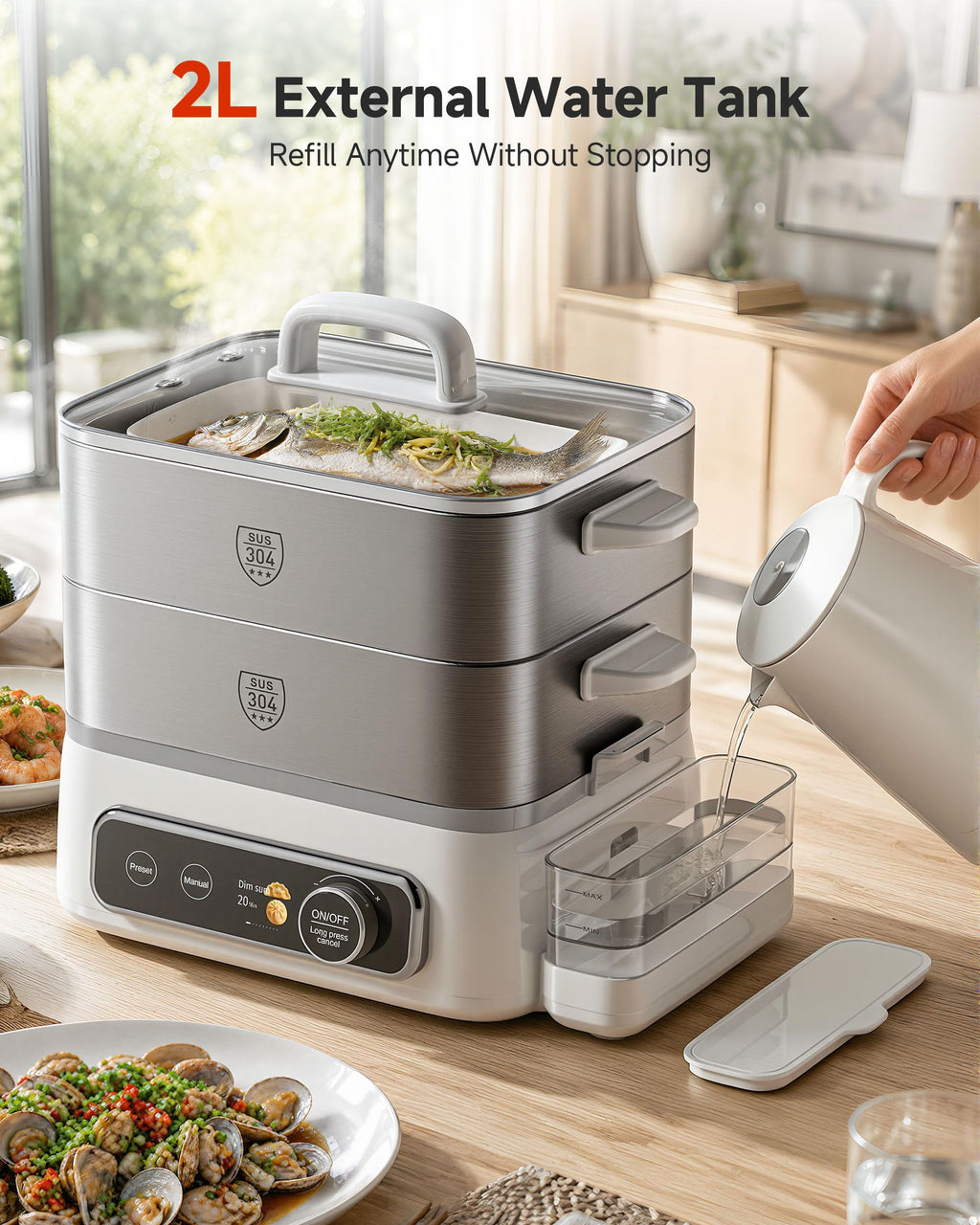 12.7 QT Electric Food Steamer for Cooking with 2 Tier 304 Stainless Steel Tray and Large Capacity