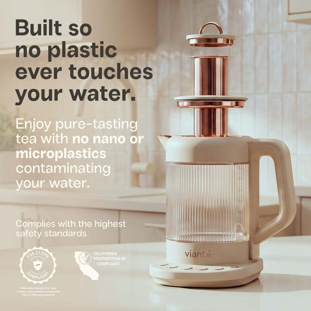 Nina electric tea kettle infuser 1.5L borosilicate glass 304 steel 4 temp presets no plastic contact beige