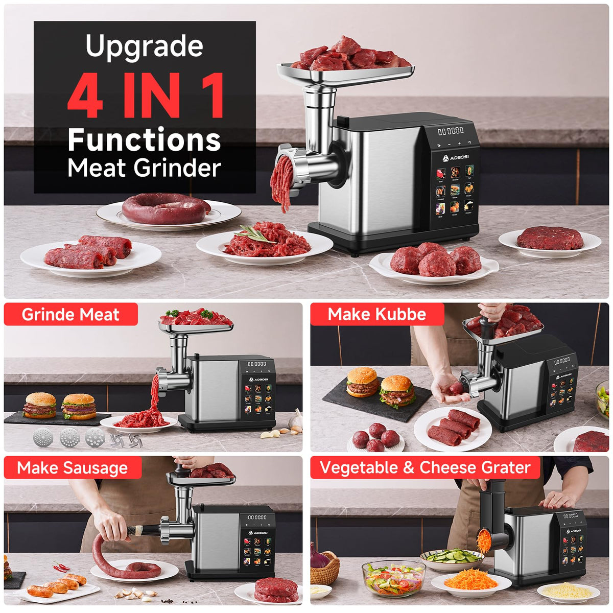 Multifunctional Digital Electric Meat Grinder 3000W Max Powerful Stainless Steel Food Processor for Kitchen