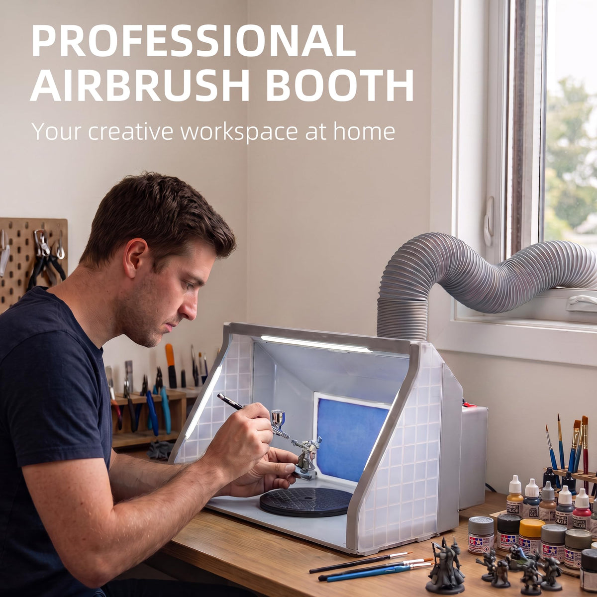 Adjustable Airbrush Spray Booth with Dual Fans 3 LED Lights and 5.6ft Hose for Hobby Model Painting