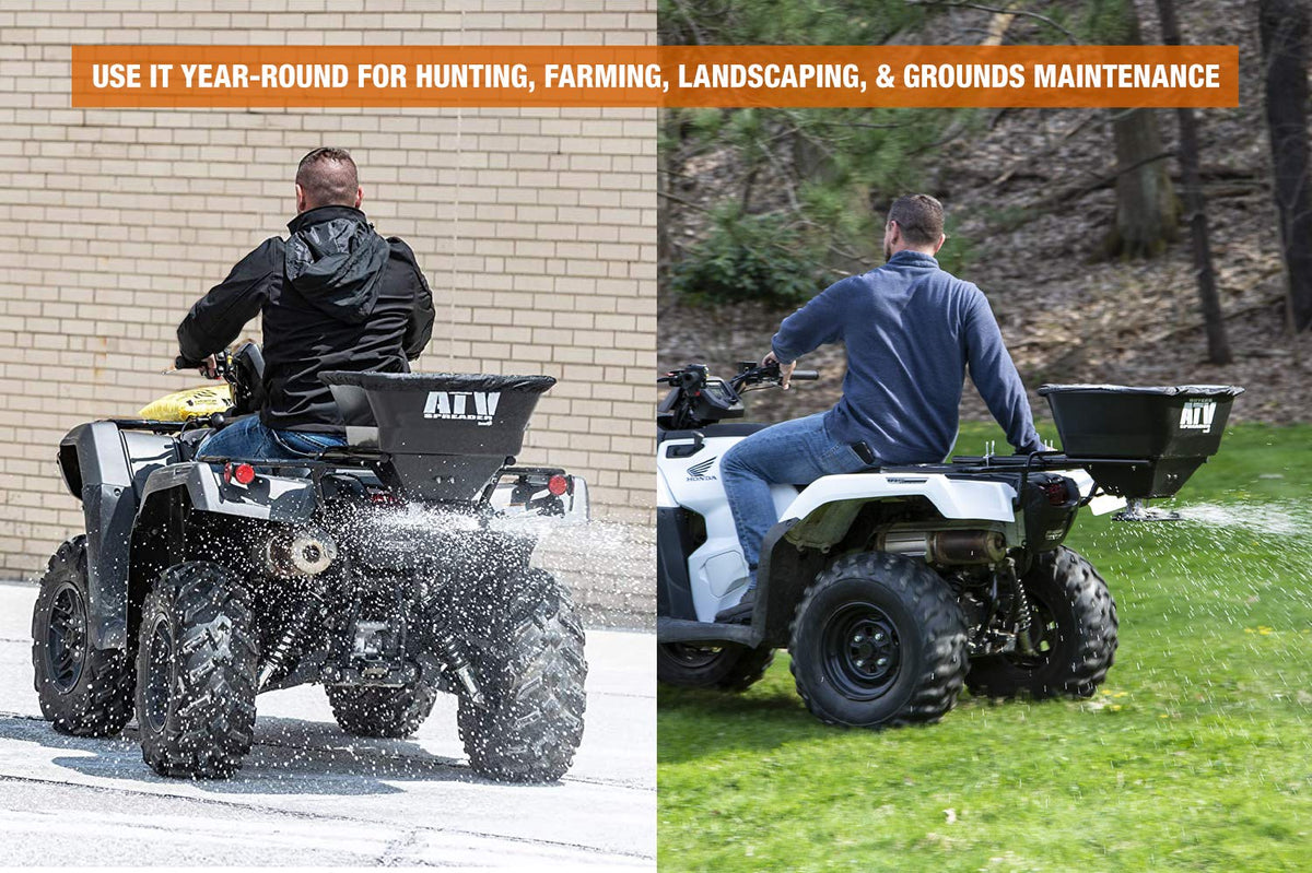 ATVS100 100 lb ATV rear rack mount broadcast spreader for efficient seed and fertilizer spreading