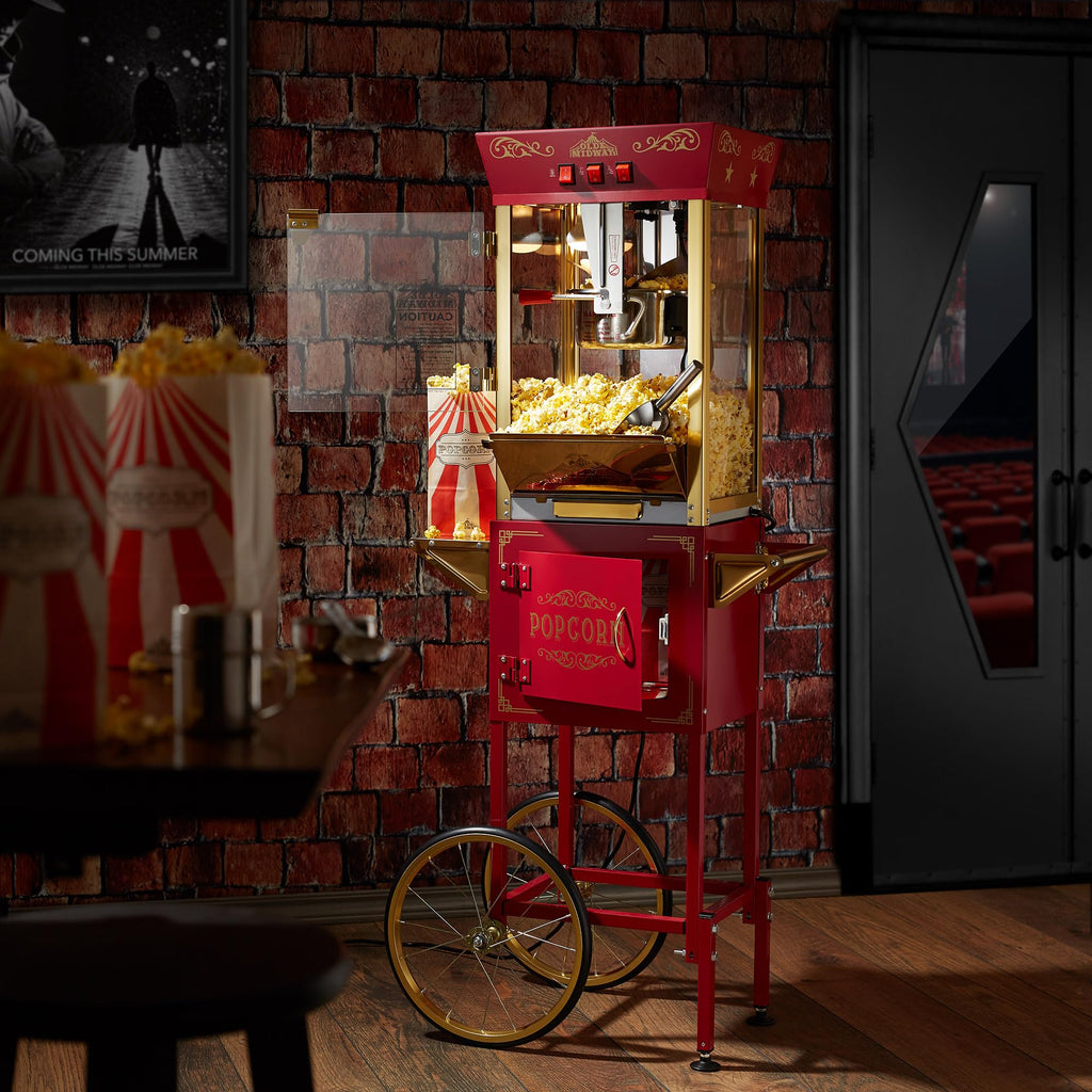 Movie Theater Style Popcorn Machine Maker with Cart 10 Ounce Kettle Red Vintage Popper on Wheels