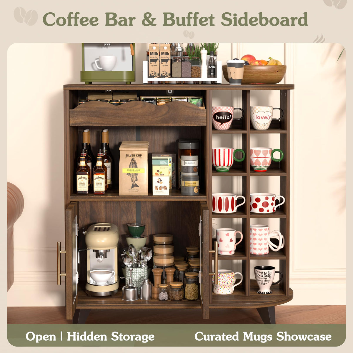 Coffee bar cabinet with 24 cup display large drawer storage modern wooden buffet sideboard kitchen walnut