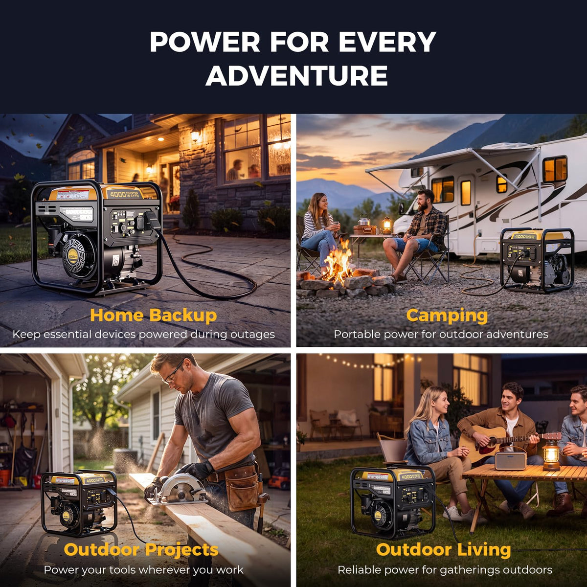 4000W Gas Powered Inverter Generator with 208cc Engine Portable Camping Power Supply for Outdoor Use