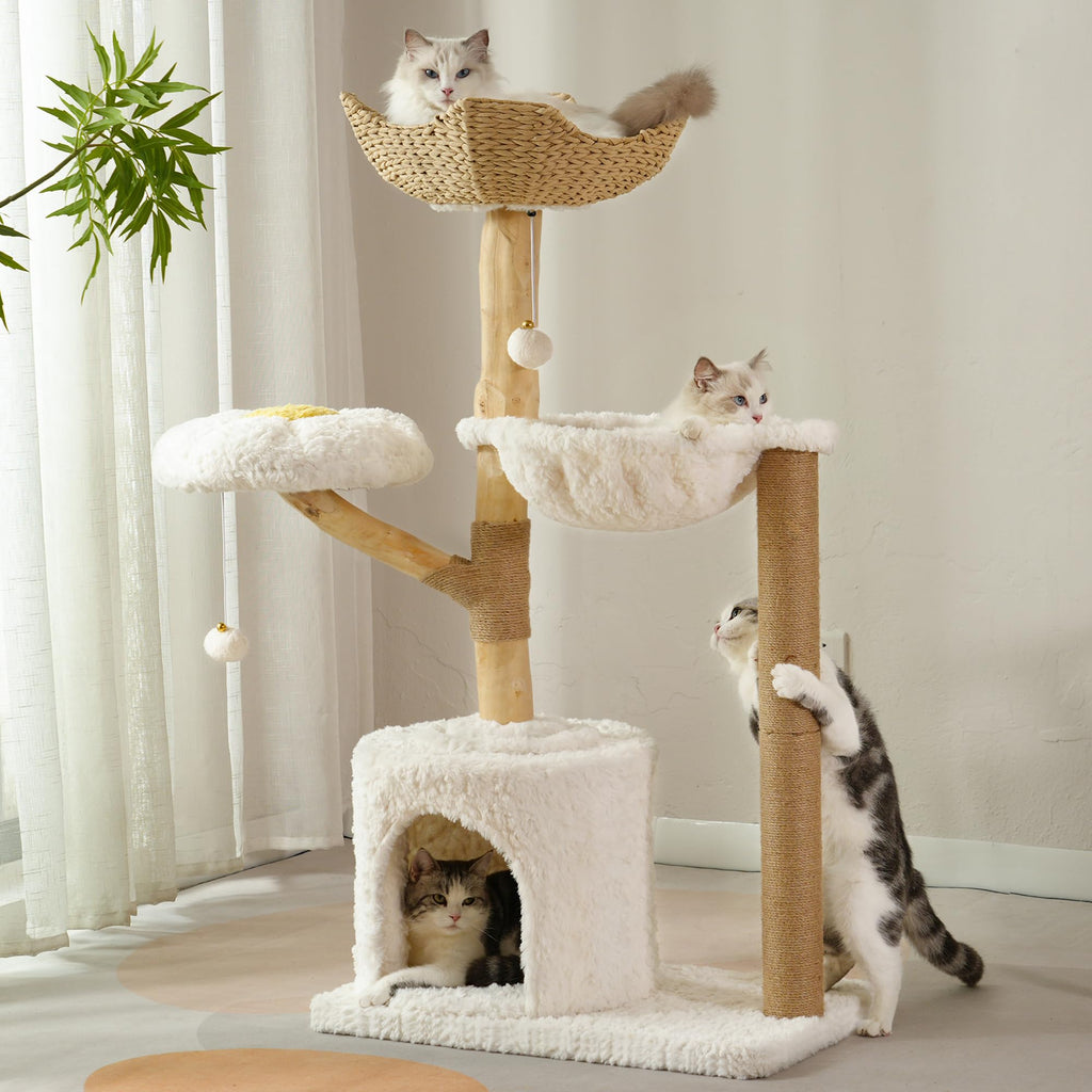 Modern Cat Tree with Hammock 48.5 Inches Cat Tower Real Wood Scratching Post Rattan Basket Perch Condo Beige