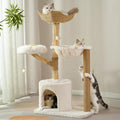 Modern Cat Tree with Hammock 48.5 Inches Cat Tower Real Wood Scratching Post Rattan Basket Perch Condo Beige