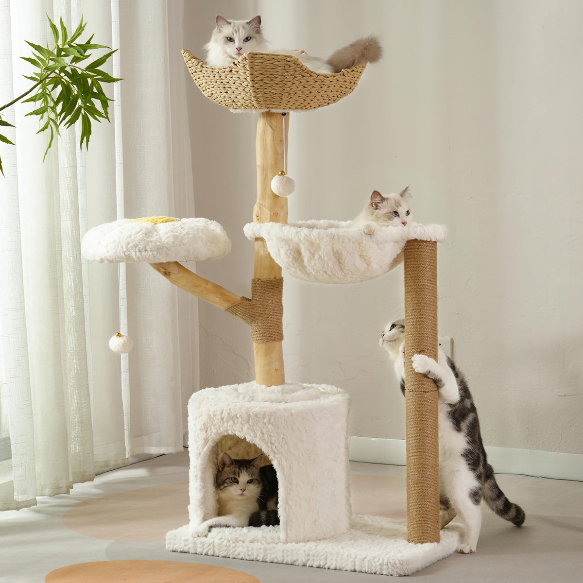 Modern Cat Tree with Hammock 48.5 Inches Cat Tower Real Wood Scratching Post Rattan Basket Perch Condo Beige