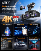 4K Dash Cam Front and Rear Left Right with GPS 20MB per Second WiFi 6 Car Camera Video Recorder