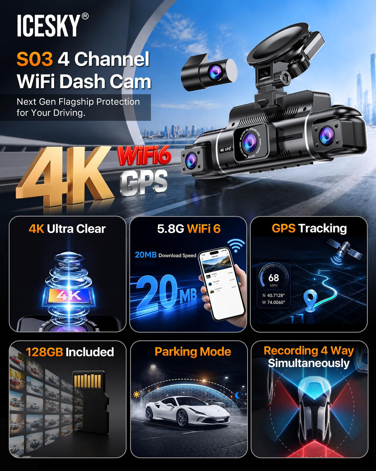 4K Dash Cam Front and Rear Left Right with GPS 20MB per Second WiFi 6 Car Camera Video Recorder