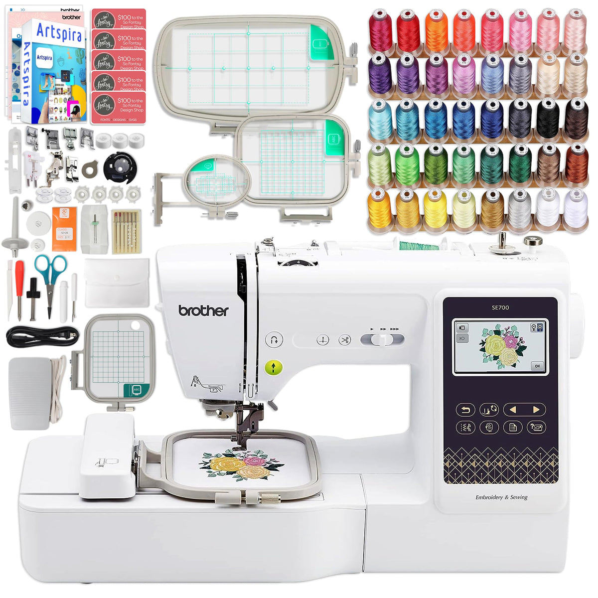SE700 Combo Embroidery Sewing Machine with 4 Embroidery Hoops Embroidery Thread Set Accessories