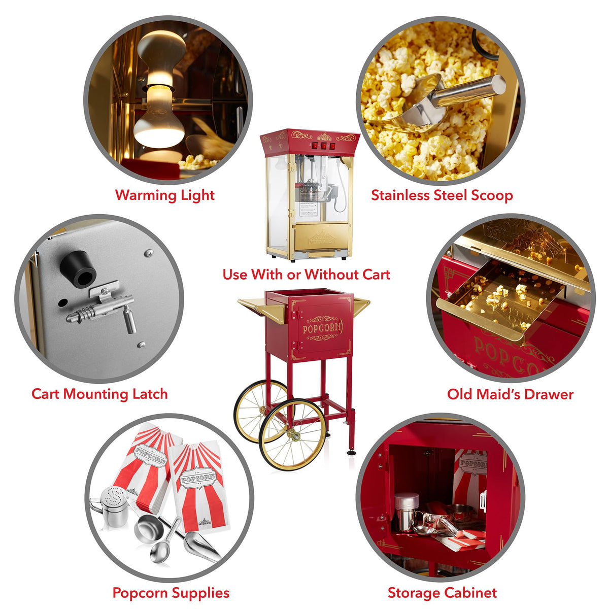 Movie Theater Style Popcorn Machine Maker with Cart 10 Ounce Kettle Red Vintage Popper on Wheels