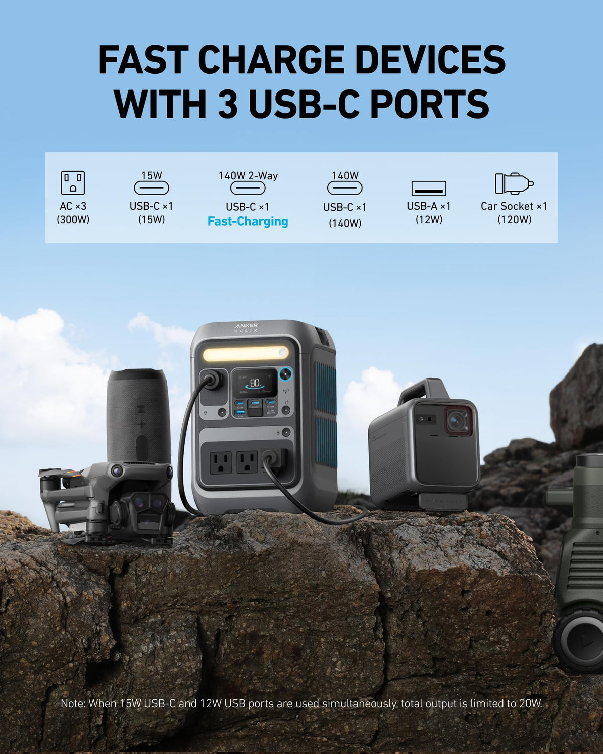 C300 portable power station 288Wh LiFePO4 battery 300W AC output solar generator for camping outdoor