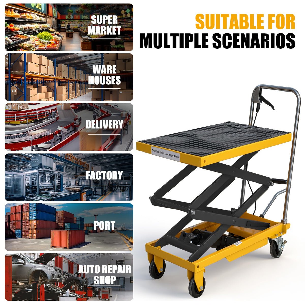 Hydraulic lift table cart 330 lbs 49.6 in max lift double scissor 4 wheels non slip pad for shop garage