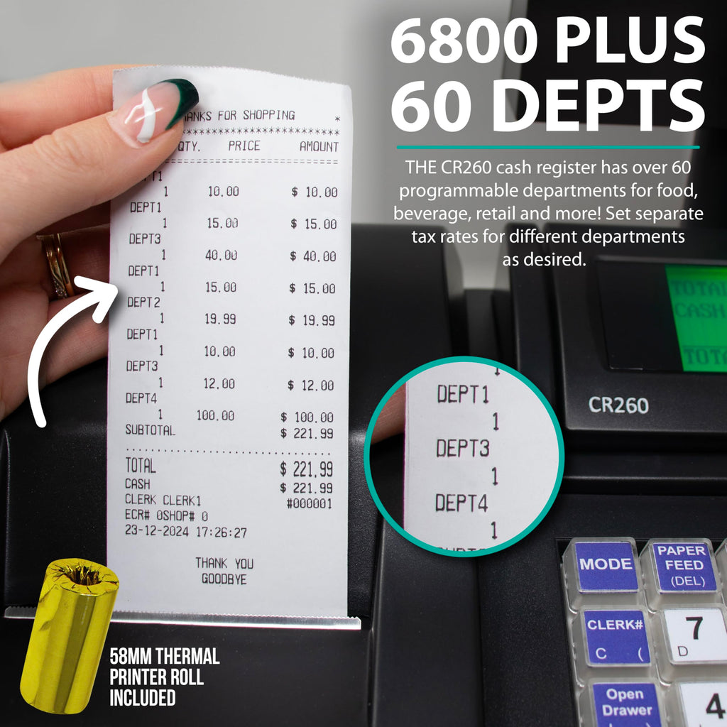 CR260 Cash Register with Steel Drawer Fast Printing User Friendly Interface Compact Black Design