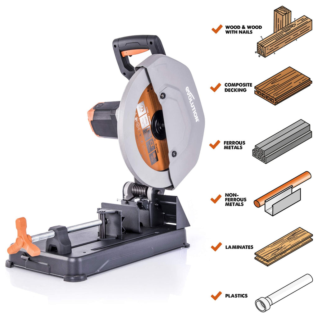 R355CPS 14 inch multi purpose chop saw cuts metal plastic wood miter cut up to 45 degrees TCT blade included