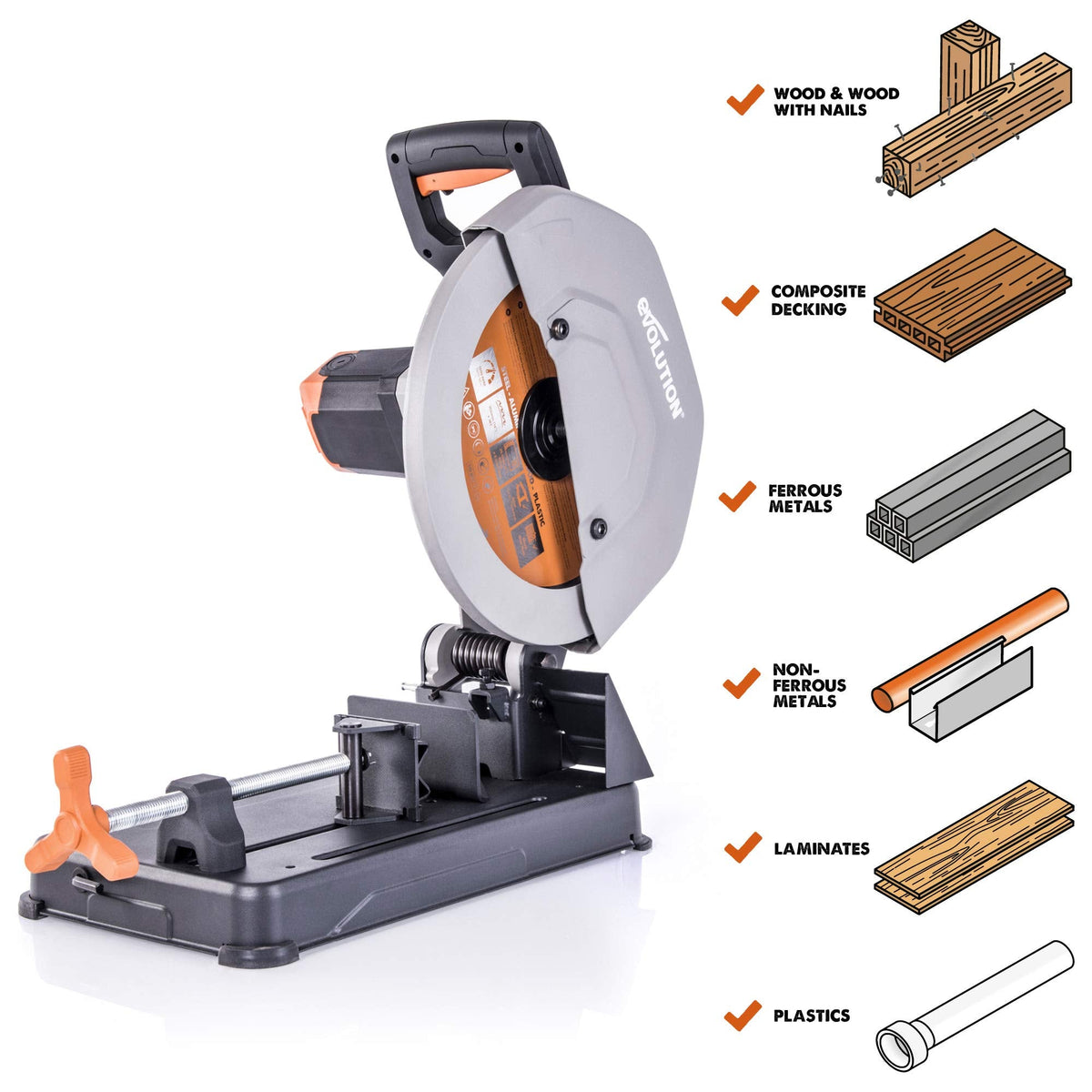 R355CPS 14 inch multi purpose chop saw cuts metal plastic wood miter cut up to 45 degrees TCT blade included