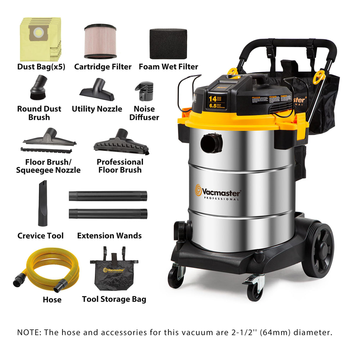 VJE1412SW 0203 14 Gal 6.5 PHP Wet Dry Vacuum Cleaner Professional Heavy Duty for Garage Workshop